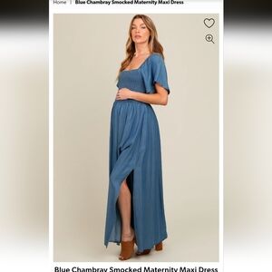 Pinkblush Blue Chambray Smocked Maternity Maxi Dress